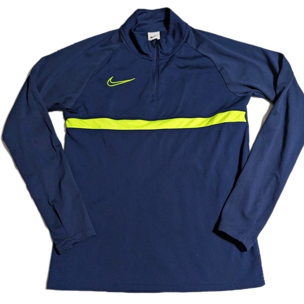 Nike Dri-Fit 1/4‎ Zip Pullover Shirt Navy Neon Yellow Stripe Running Training S